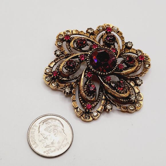 Vintage ART Arthur Pepper Rhinestone Brooch Purple Pink Clear Floral Design - Picture 8 of 9
